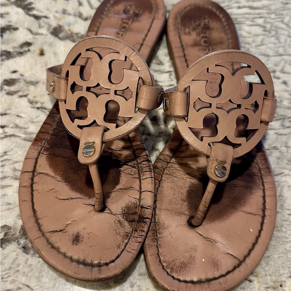 Tory Burch Make Up Tan Leather Thong Sandals Miller 8 - Picture 3 of 5